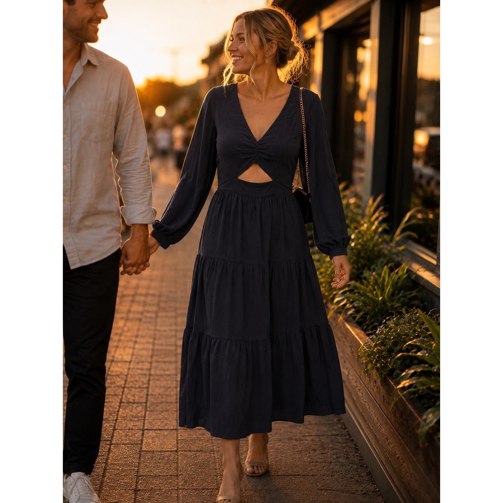 Madewell Black Lusterweave Cutout Tiered Midi Dress Size 2